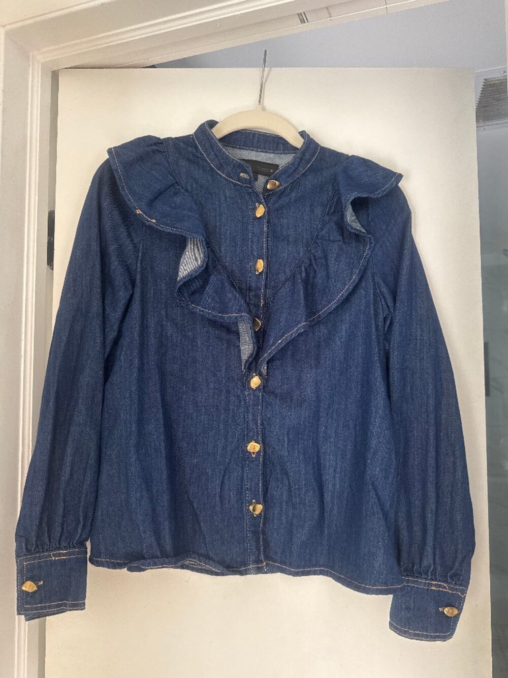 ZARA Denim Ruffle Button Down Shirt